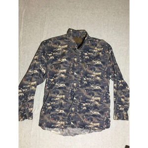 Mens North River Button Up Size Large Navy Blue Deer Hunting Shirt Formal Cotton